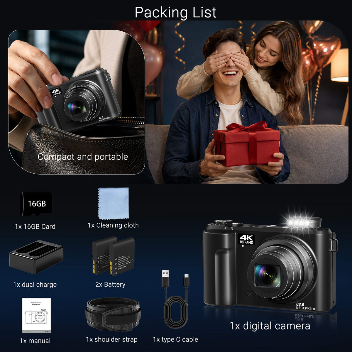 Saneen 4K Digital Camera 24X Optical Zoom 88MP Autofocus Vlogging Camera with Batteries 3'' 180° Flip Screen Cameras Photography for Travel & Beginner