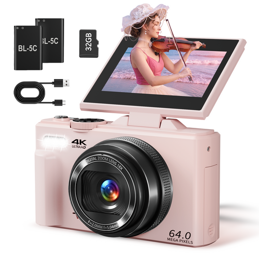 Saneen 4K Digital Camera for Photography 64MP Vlogging Camera for YouTube Autofocus Cameras for Beginners with 3'' 180° Flip Screen 18X Digital Zoom & 32GB SD Card