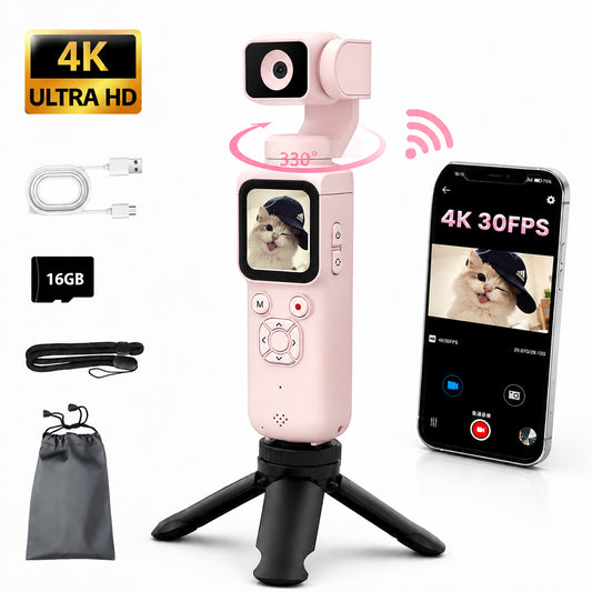 Saneen 4K Vlogging Camera 75MP Handheld Cameras Touchscreen Pocket Video Recorder with 330° Rotating Lens Face Tracking Camera with Tripod & 16GB Card