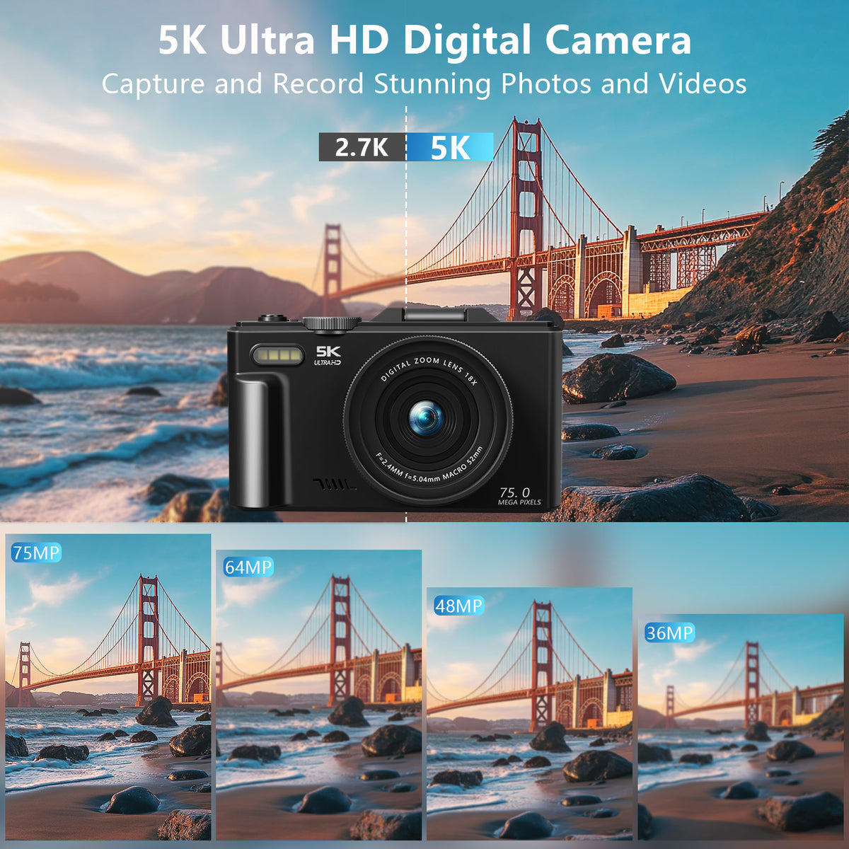 Saneen 5K 75MP Digital Camera Wifi Autofocus Vlogging Camera for YouTube 3" 180° Flip Screen Travel Video Cameras for Photography with 18X Zoom, 32GB Card