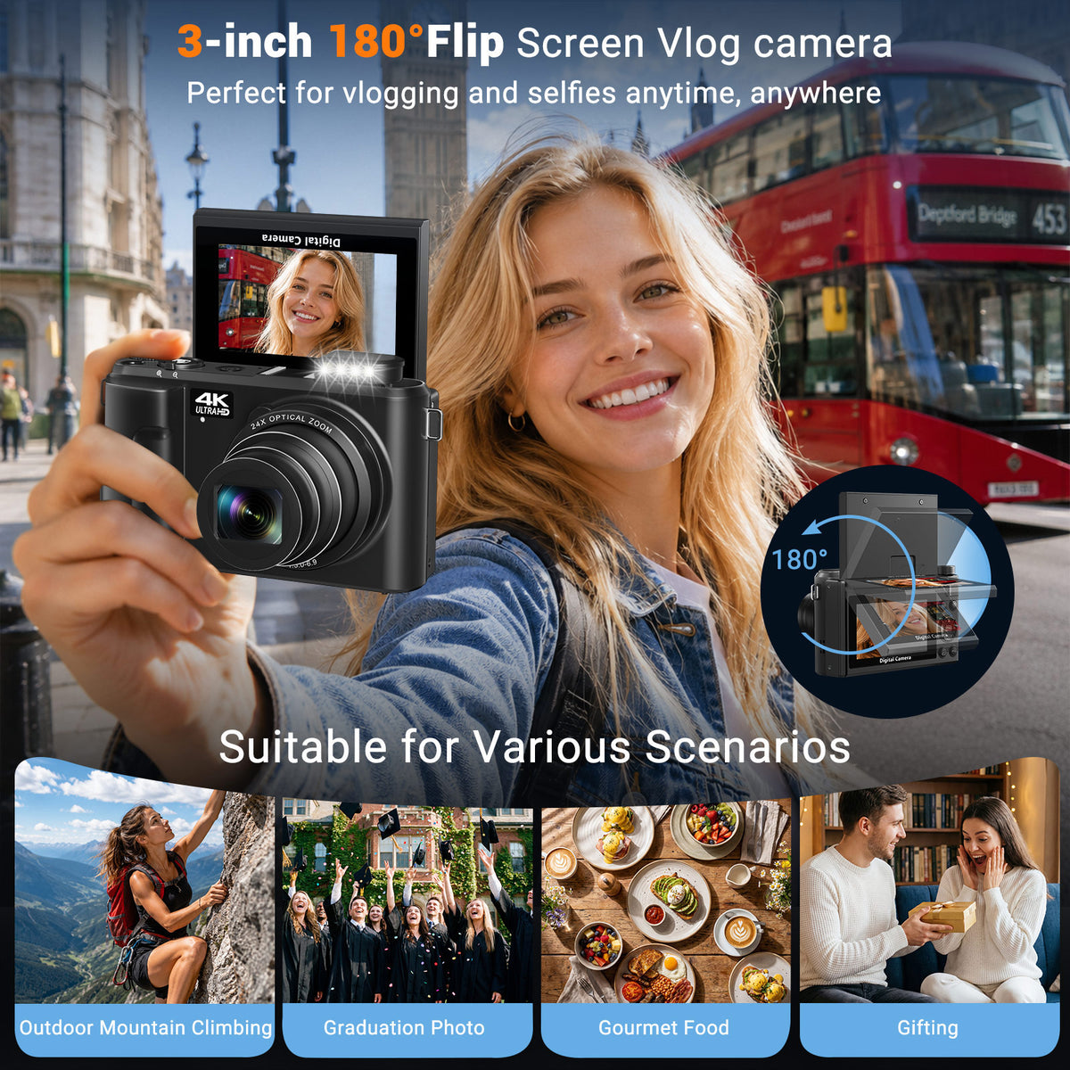 Saneen 4K Digital Camera 24X Optical Zoom 88MP Autofocus Vlogging Camera with Batteries 3'' 180° Flip Screen Cameras Photography for Travel & Beginner