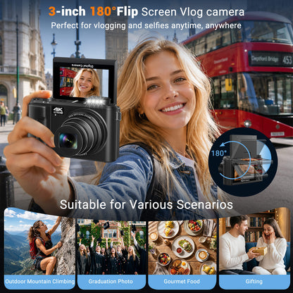 Saneen 4K Digital Camera 24X Optical Zoom 88MP Autofocus Vlogging Camera with Batteries 3'' 180° Flip Screen Cameras Photography for Travel & Beginner