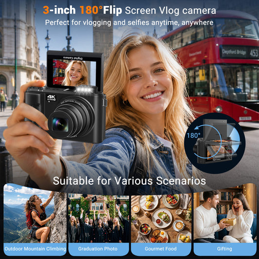 Saneen 4K Digital Camera 24X Optical Zoom 88MP Autofocus Vlogging Camera with Batteries 3'' 180° Flip Screen Cameras Photography for Travel & Beginner