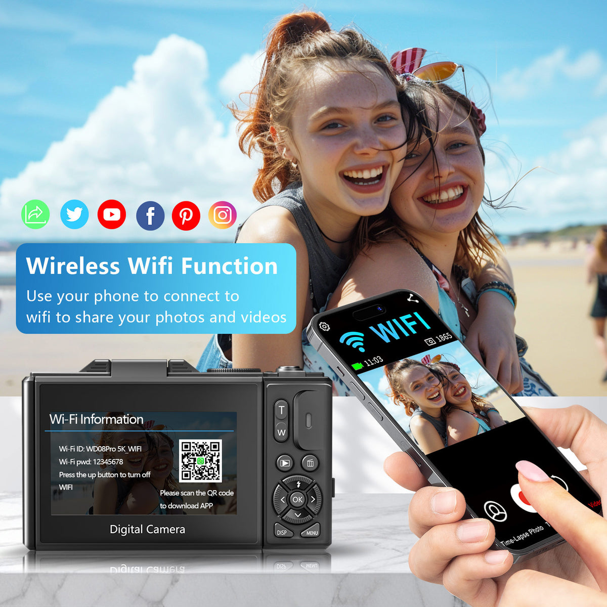 Saneen 5K 75MP Digital Camera Wifi Autofocus Vlogging Camera for YouTube 3" 180° Flip Screen Travel Video Cameras for Photography with 18X Zoom, 32GB Card