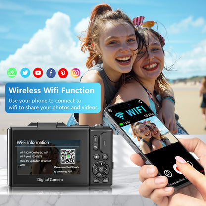 Saneen 5K 75MP Digital Camera Wifi Autofocus Vlogging Camera for YouTube 3" 180° Flip Screen Travel Video Cameras for Photography with 18X Zoom, 32GB Card