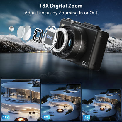 Saneen 5K 75MP Digital Camera Wifi Autofocus Vlogging Camera for YouTube 3" 180° Flip Screen Travel Video Cameras for Photography with 18X Zoom, 32GB Card