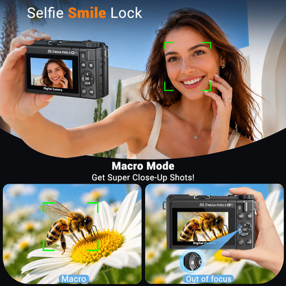 Saneen 4K Digital Camera 24X Optical Zoom 88MP Autofocus Vlogging Camera with Batteries 3'' 180° Flip Screen Cameras Photography for Travel & Beginner