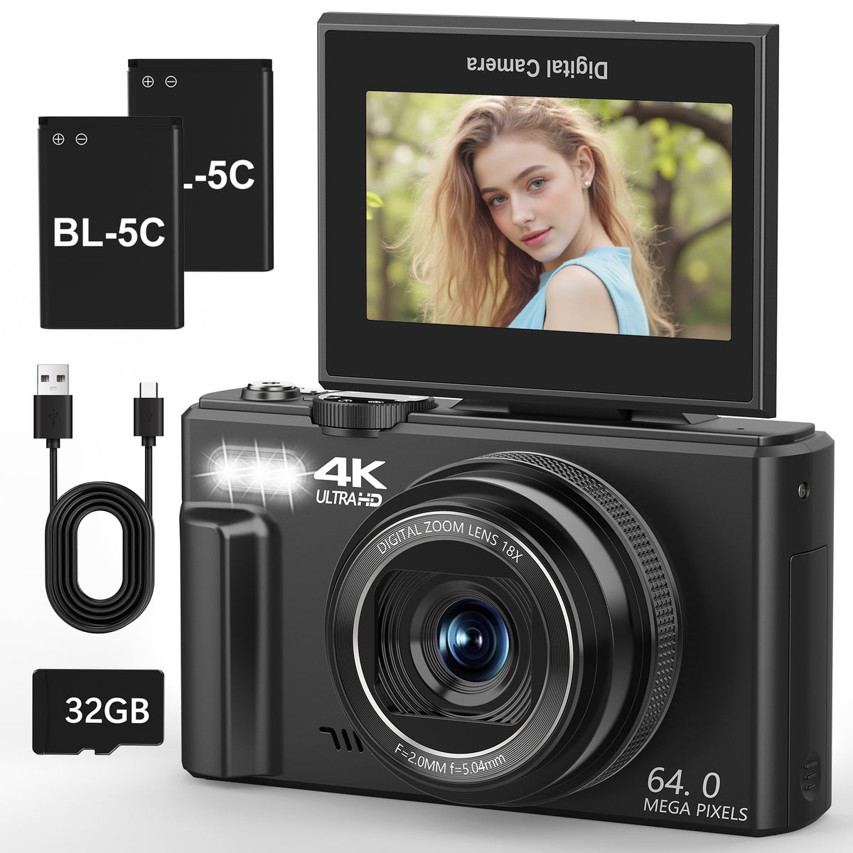 Saneen 4K Digital Camera for Photography 64MP Vlogging Camera for YouTube Autofocus Cameras for Beginners with 3'' 180° Flip Screen 18X Digital Zoom & 32GB SD Card
