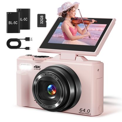 Saneen 4K Digital Camera for Photography 64MP Vlogging Camera for YouTube Autofocus Cameras for Beginners with 3'' 180° Flip Screen 18X Digital Zoom & 32GB SD Card