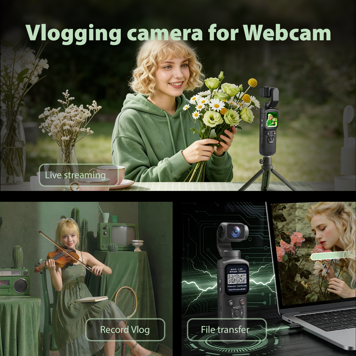 Saneen 4K Vlogging Camera 75MP Handheld Cameras Touchscreen Pocket Video Recorder with 330° Rotating Lens Face Tracking Camera with Tripod & 16GB Card