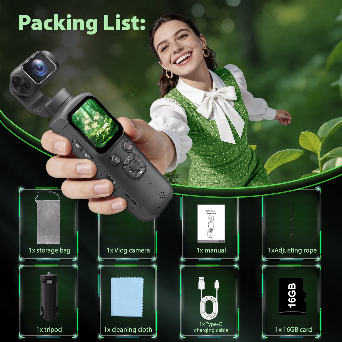 Saneen 4K Vlogging Camera 75MP Handheld Cameras Touchscreen Pocket Video Recorder with 330° Rotating Lens Face Tracking Camera with Tripod & 16GB Card