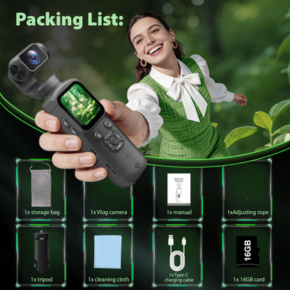 Saneen 4K Vlogging Camera 75MP Handheld Cameras Touchscreen Pocket Video Recorder with 330° Rotating Lens Face Tracking Camera with Tripod & 16GB Card