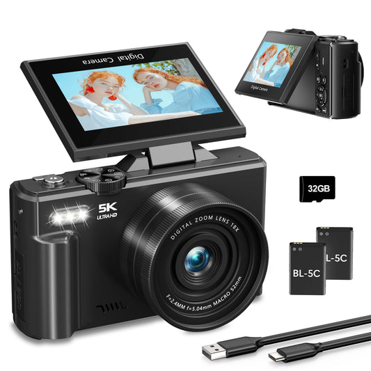 Saneen 5K 75MP Digital Camera Wifi Autofocus Vlogging Camera for YouTube 3" 180° Flip Screen Travel Video Cameras for Photography with 18X Zoom, 32GB Card