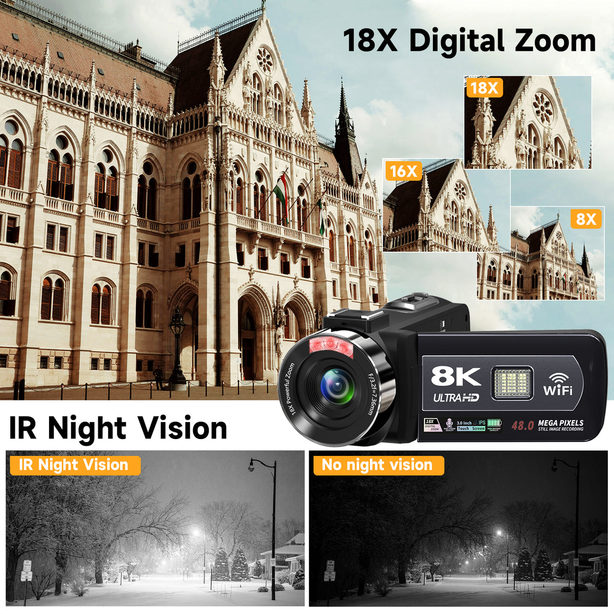 Saneen 8K Video Camera Camcorder 48MP Vlogging Camera for Youtube 3" Touch Screen IR Night Vision 18X Zoom, Microphone, Handhold Stabilizer, 32GB Card