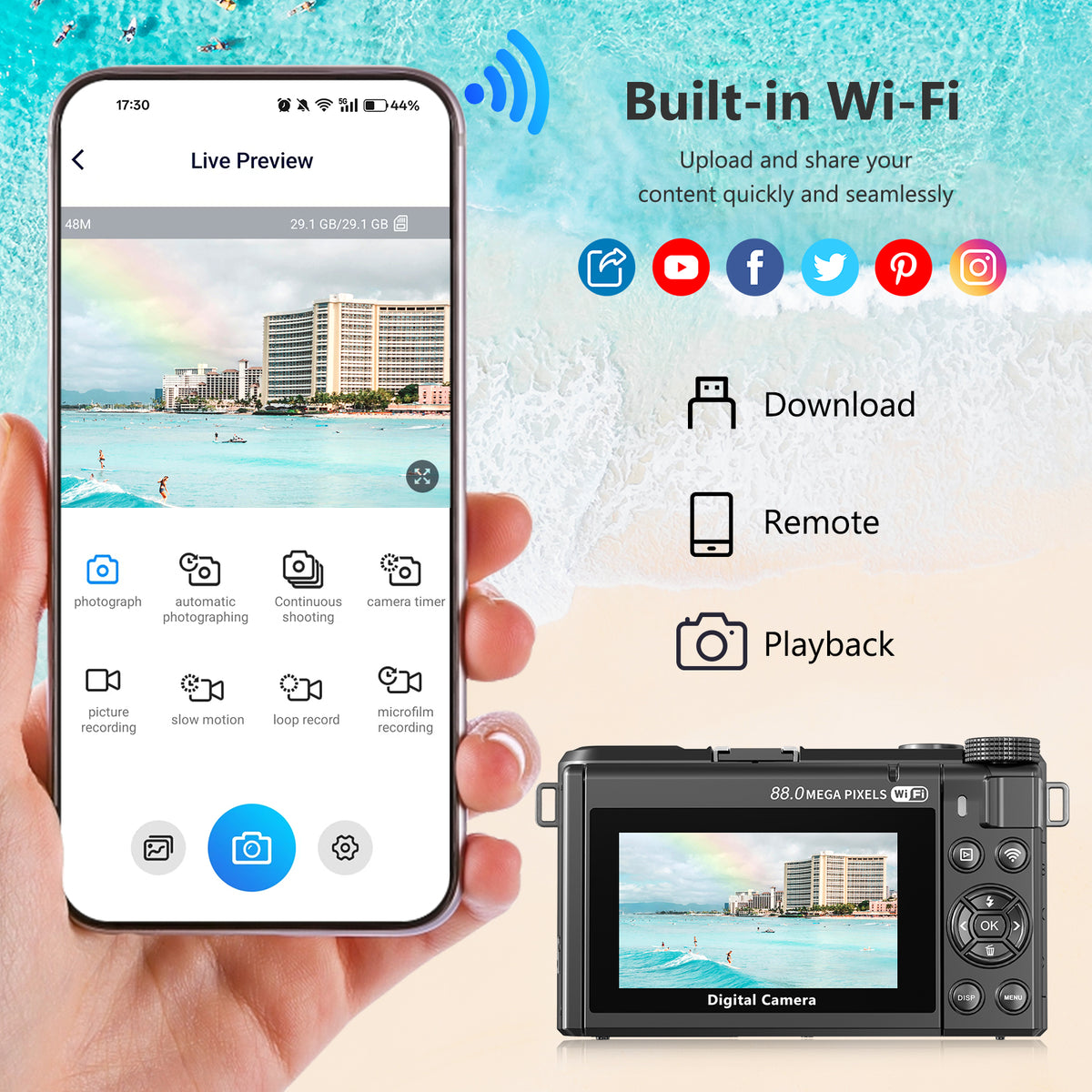 Saneen 8K Digital Camera 88MP Autofocus Vlogging Cameras Photography 3" Flip Screen ith Wifi 18X Digital Zoom with 32GB SD Card & 2 Batteries