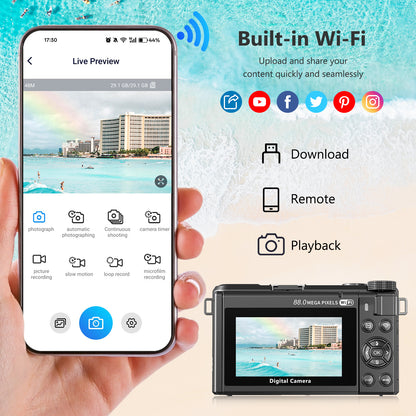 Saneen 8K Digital Camera 88MP Autofocus Vlogging Cameras Photography 3" Flip Screen ith Wifi 18X Digital Zoom with 32GB SD Card & 2 Batteries