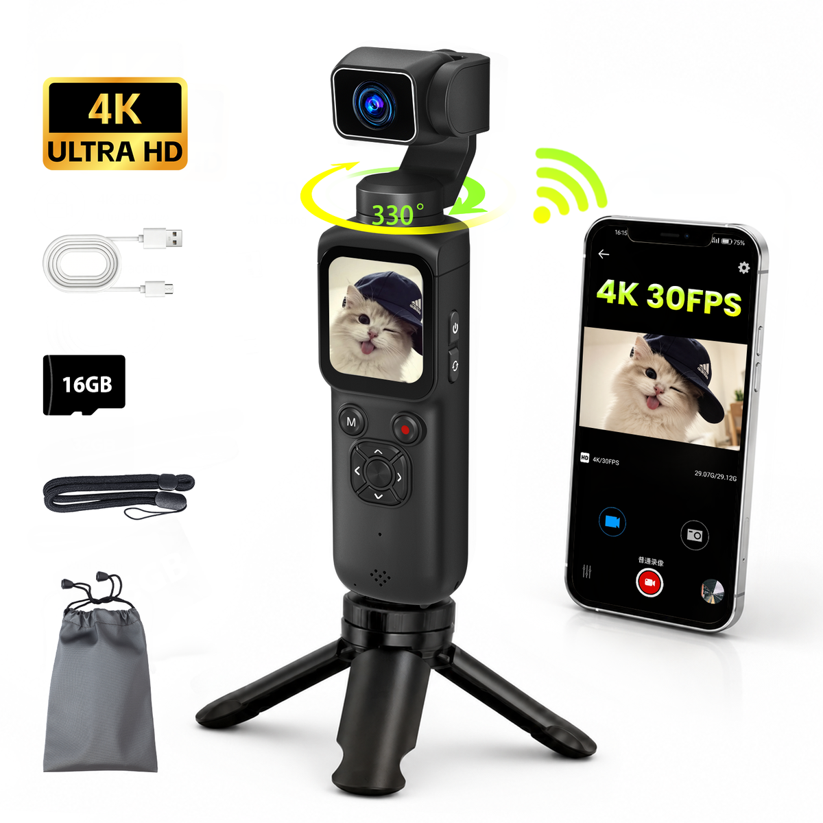 Saneen 4K Vlogging Camera 75MP Handheld Cameras Touchscreen Pocket Video Recorder with 330° Rotating Lens Face Tracking Camera with Tripod & 16GB Card