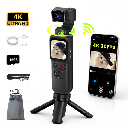 Saneen 4K Vlogging Camera 75MP Handheld Cameras Touchscreen Pocket Video Recorder with 330° Rotating Lens Face Tracking Camera with Tripod & 16GB Card