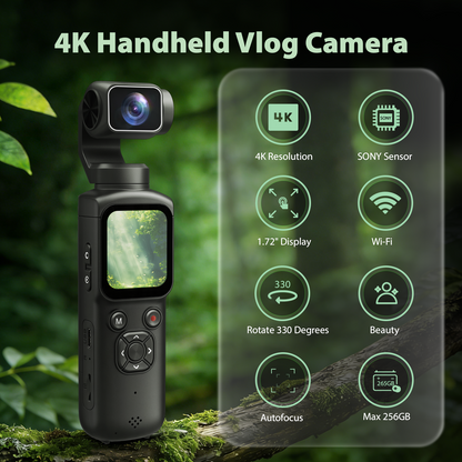 Saneen 4K Vlogging Camera 75MP Handheld Cameras Touchscreen Pocket Video Recorder with 330° Rotating Lens Face Tracking Camera with Tripod & 16GB Card
