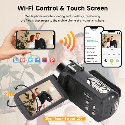 Saneen 8K Video Camera Camcorder 48MP Vlogging Camera for Youtube 3" Touch Screen IR Night Vision 18X Zoom, Microphone, Handhold Stabilizer, 32GB Card