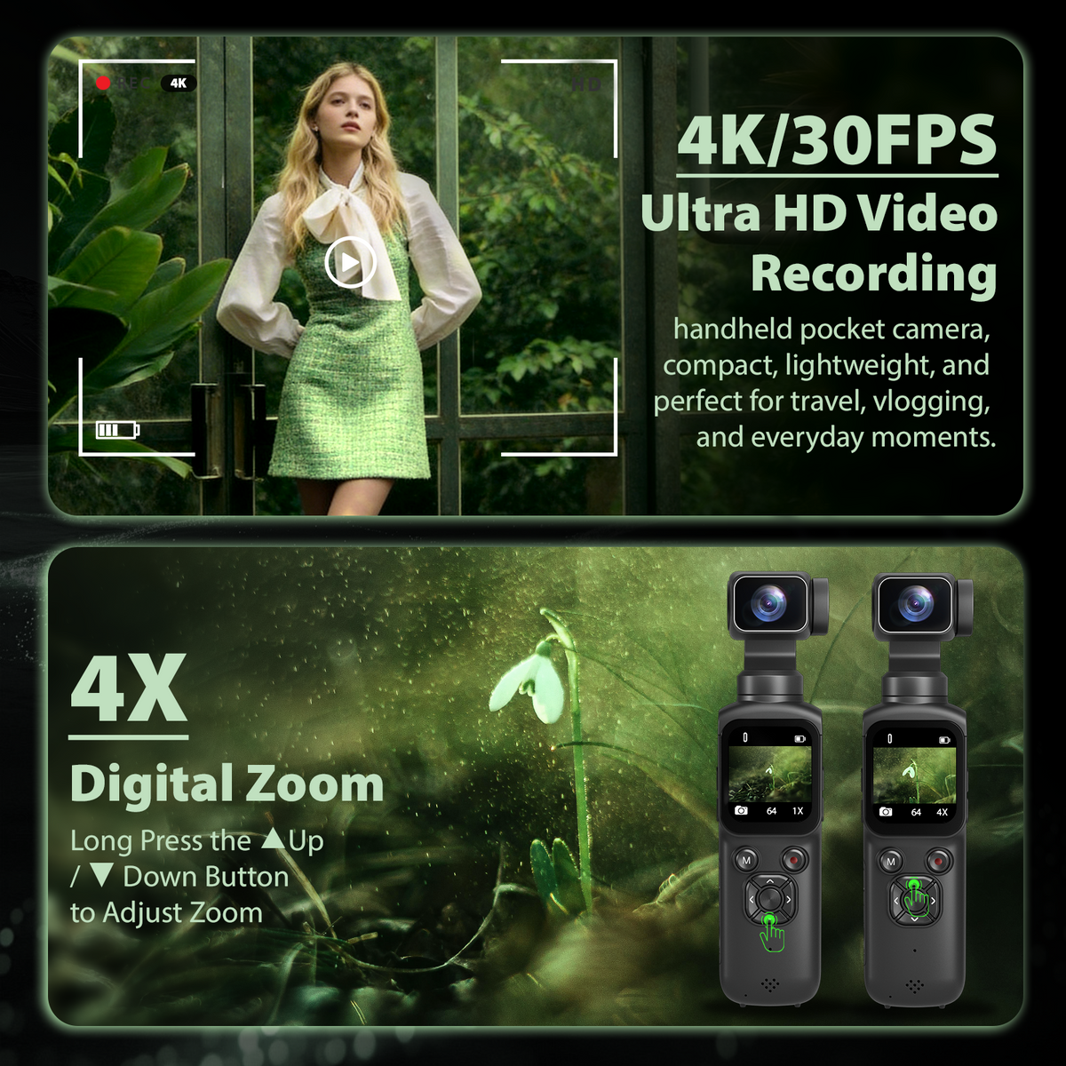 Saneen 4K Vlogging Camera 75MP Handheld Cameras Touchscreen Pocket Video Recorder with 330° Rotating Lens Face Tracking Camera with Tripod & 16GB Card