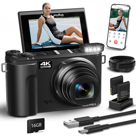 Saneen 4K Digital Camera 24X Optical Zoom 88MP Autofocus Vlogging Camera with Batteries 3'' 180° Flip Screen Cameras Photography for Travel & Beginner
