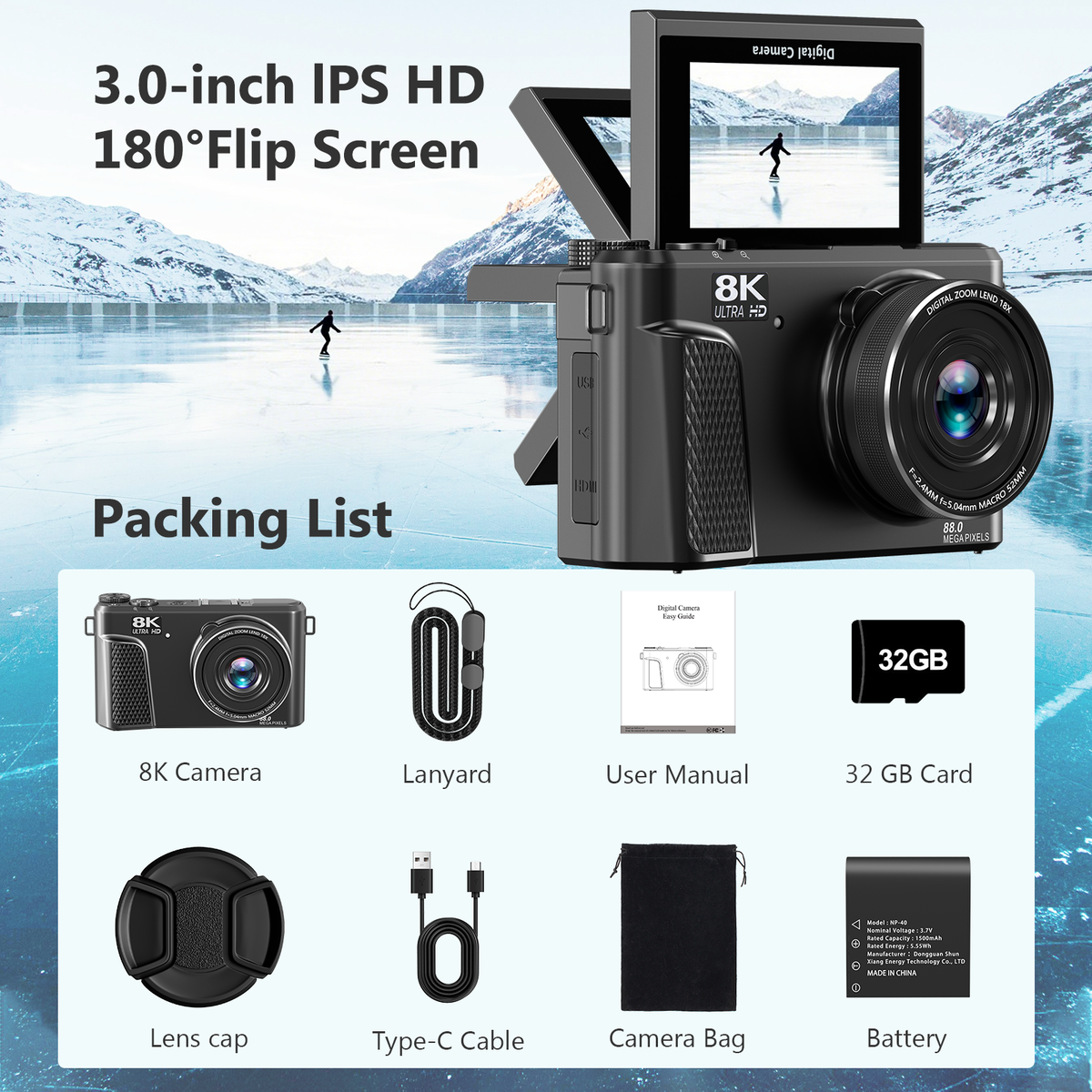Saneen 8K Digital Camera 88MP Autofocus Vlogging Cameras Photography 3" Flip Screen ith Wifi 18X Digital Zoom with 32GB SD Card & 2 Batteries