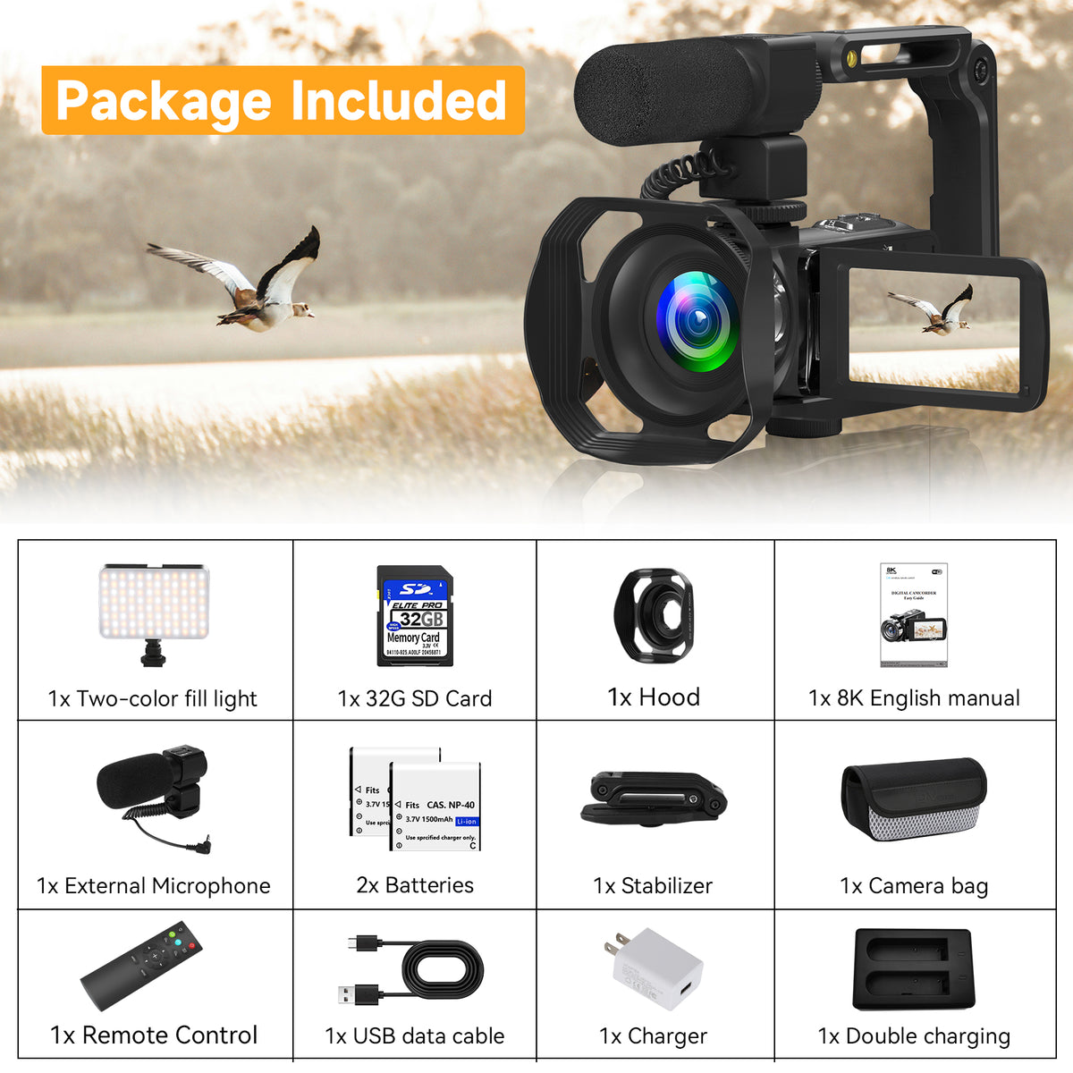 Saneen 8K Video Camera Camcorder 48MP Vlogging Camera for Youtube 3" Touch Screen IR Night Vision 18X Zoom, Microphone, Handhold Stabilizer, 32GB Card