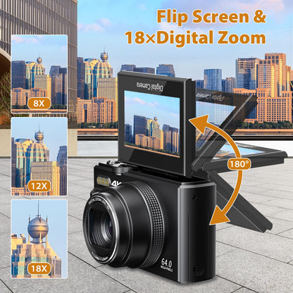 Saneen 4K Digital Camera for Photography 64MP Vlogging Camera for YouTube Autofocus Cameras for Beginners with 3'' 180° Flip Screen 18X Digital Zoom & 32GB SD Card