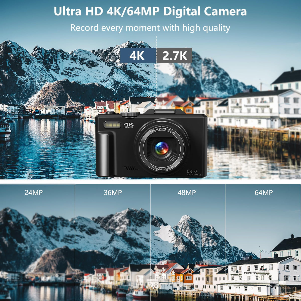 Saneen 4K Digital Camera for Photography 64MP Vlogging Camera for YouTube Autofocus Cameras for Beginners with 3'' 180° Flip Screen 18X Digital Zoom & 32GB SD Card